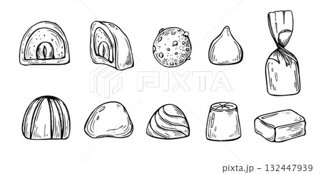 Chocolate candies of cross section, whole and with fillings inside vector isolated line art black ink illustration. Monochrome hand drawn sweets set. For cafe dessert design, recipes, invitation Chocolate candies of cross section, whole and with fillings inside vector isolated line art black ink illustration. Monochrome hand drawn sweets set. For cafe dessert design, recipes, invitation 132447939