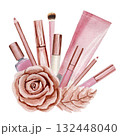 Lip gloss, lipstick, nail polish, lip liner, brush, cream tube, gold rose, watercolor illustration on white background. Arrangement on a make up theme 132448040