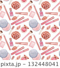 Seamless pattern with cosmetic products - powder, eye shadow, lip gloss. Handmade watercolor illustration on white background. For wrapper, textile 132448041
