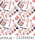 Seamless pattern with cosmetic products - powder, eye shadow, lip gloss. Handmade watercolor illustration on white background. For wrapper, textile 132448042