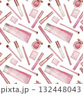 Seamless pattern on cosmetic theme - eye shadow, lip gloss, cream, brush, lip liner. Watercolor illustration on white background. For wrapper, textile 132448043