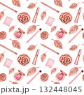 Seamless pattern with plastic or metal rose head and leaves, cream, lip liner, eye shadow. Watercolor illustrations isolated on white background 132448045