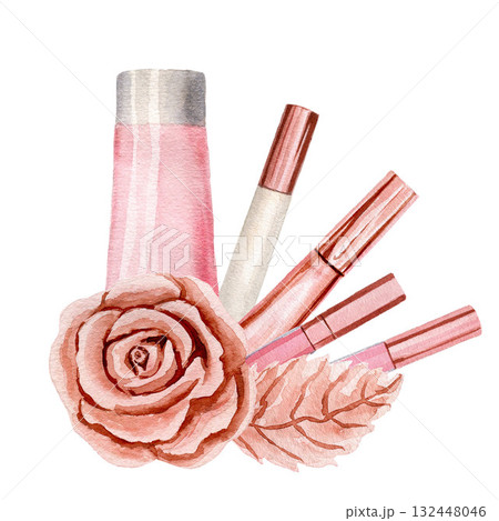 Lip gloss, lipstick, cream tube, gold rose, pink watercolor illustrations isolated on white background. Sublimation arrangement on a make up theme 132448046