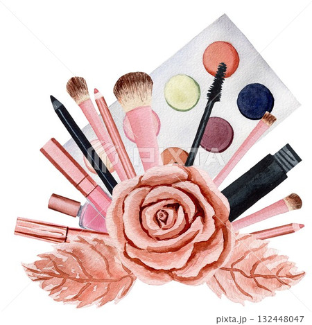 Lip gloss, lipstick, eyeliner, nail polish, lip liner, eye shadow, gold rose, watercolor illustration isolated on white background. For cards, flyers 132448047