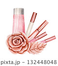 Lip gloss, lipstick, cream tube, gold rose, pink watercolor illustrations isolated on white background. Sublimation arrangement on a make up theme 132448048