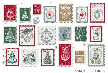 Christmas Stamps, mail, Advent calendar, postcard hand drawn illustrations.	 132448187