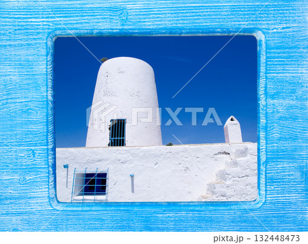 blue wood frame with Formentera windmill blue wood frame with Formentera windmill 132448473