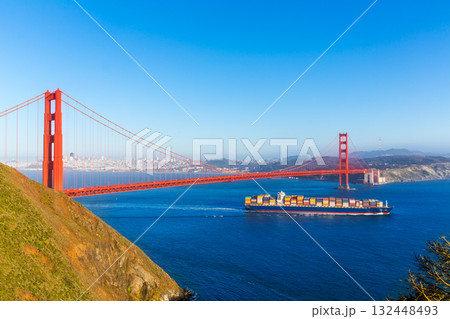 San Francisco Golden Gate Bridge merchant ship in California 132448493