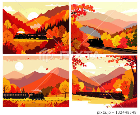 紅葉の秋、紅葉した森の風景と機関車のイラストセット 132448549