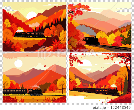 紅葉の秋、紅葉した森の風景と機関車のイラストセット 132448549
