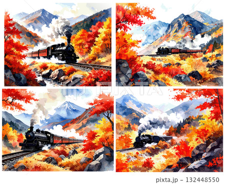 紅葉の中を走る蒸気機関車のイラストセット 紅葉の中を走る蒸気機関車のイラストセット 132448550