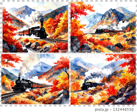 紅葉の中を走る蒸気機関車のイラストセット 紅葉の中を走る蒸気機関車のイラストセット 132448550