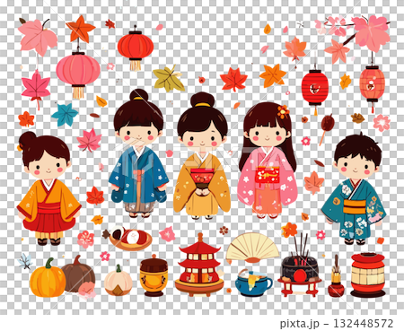 Children wearing autumn kimonos Children wearing autumn kimonos 132448572
