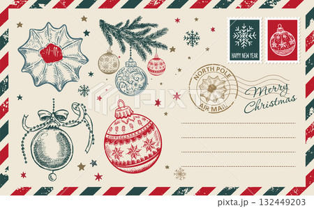 Christmas postcard, card with ball, hand drawn illustration. Christmas postcard, card with ball, hand drawn illustration. 132449203