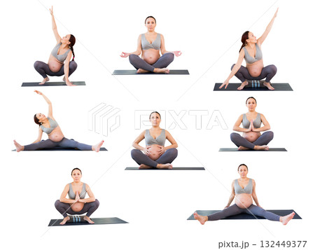 pregnant woman is engaged in yoga. Easy Pose or Sukhasana 132449377