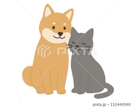 寄り添って座る犬と猫のイラスト 寄り添って座る犬と猫のイラスト 132449560