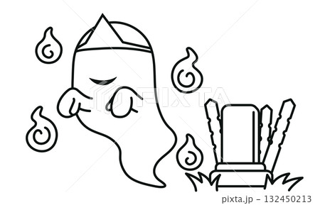 おばけと人魂とお墓のシンプルな線画イラスト 132450213