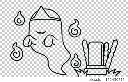 おばけと人魂とお墓のシンプルな線画イラスト 132450213