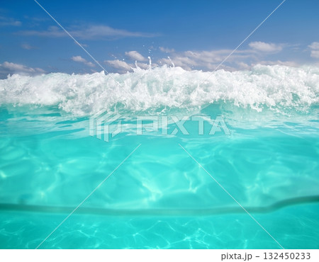 waterline caribbean sea underwater and blue sea 132450233