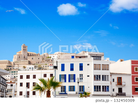 Eivissa Ibiza town with church under blue sky 132450309