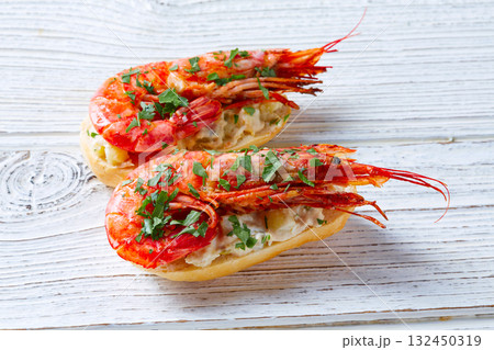 Shrimp pinchos with seafood Spain tapas 132450319