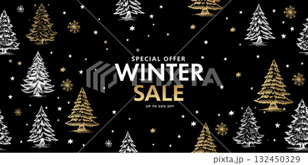 Winter sale, Christmas tree and star set on black, Hand drawn illustration.	 Winter sale, Christmas tree and star set on black, Hand drawn illustration.	 132450329