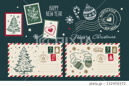 Christmas postcard, card with tree and ball, Festive Stamps Collection, hand drawn illustration.	 132450372