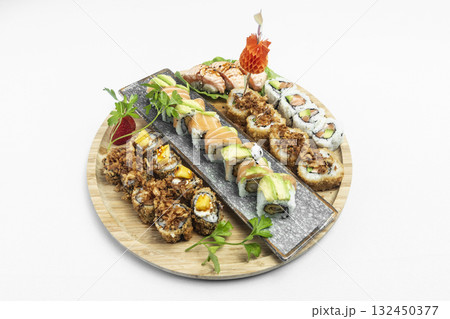 sushi mixed plate moriawase meal on plate in japanese restaurant 132450377