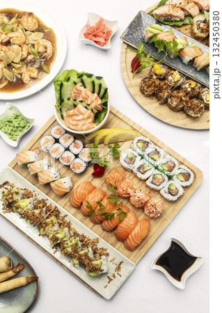 sushi mixed plate moriawase meal on plate in japanese restaurant 132450380
