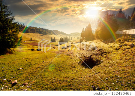 beautiful mountain landscape in autumn at sunset. coniferous forest in natural park. rural valley with grassy pastures on hills in misty weather. amazing countryside in evening light beautiful mountain landscape in autumn at sunset. coniferous forest in natural park. rural valley with grassy pastures on hills in misty weather. amazing countryside in evening light 132450465