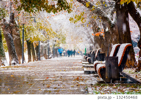 uzhhorod, ukraine - 29 nov 2020: linden alley in autumn first snowfall. leaves and snow cover wet street. trees in colorful foliage. empty benches on the embankment. beautiful urban landscape 132450468