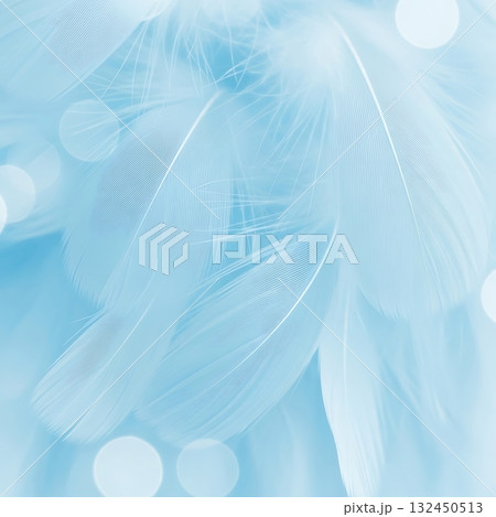 Gentle, airy light blue feathers with soft bokeh create a serene, ethereal background perfect for delicate designs and peaceful themes 132450513