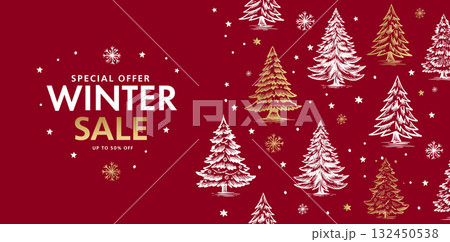 Christmas frame with tree on red, hand drawn illustrations	 132450538