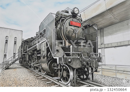 懐かしい蒸気機関車　ペン画　水彩 132450664