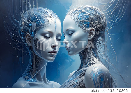 青と銀を基調とした未来的なデジタルアート 132450803
