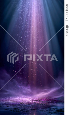 Sand dunes or hills covered with sparkling particles of shades of purple and magenta. In the background, rays of light penetrate the foggy atmosphere. The light comes from above.	 132451006