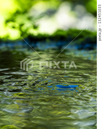 仙厳園の静かな水面に広がる波紋と緑の反射 132451033