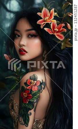 High-end editorial portrait: close-up of a woman with long wavy black hair, vivid red lips and precise eyeliner with golden eyeshadow. Orchids adorn her hair; detailed floral tattoos and a lace baroqu High-end editorial portrait: close-up of a woman with long wavy black hair, vivid red lips and precise eyeliner with golden eyeshadow. Orchids adorn her hair; detailed floral tattoos and a lace baroqu 132451287