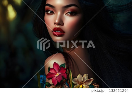 High-end editorial portrait: close-up of a woman with long wavy black hair, vivid red lips and precise eyeliner with golden eyeshadow. Orchids adorn her hair; detailed floral tattoos and a lace baroqu High-end editorial portrait: close-up of a woman with long wavy black hair, vivid red lips and precise eyeliner with golden eyeshadow. Orchids adorn her hair; detailed floral tattoos and a lace baroqu 132451294