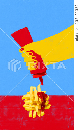 Bold colorful poster. Yellow hand squeezing red ketchup bottle over fries on blue background 132451322
