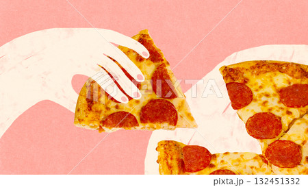 Minimal composition of drawn white hand holding pepperoni pizza slice on pink background 132451332
