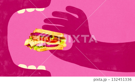 Bold handmade poster. Pink hands putting colorful sandwich in open mouth on magenta background Bold handmade poster. Pink hands putting colorful sandwich in open mouth on magenta background 132451336