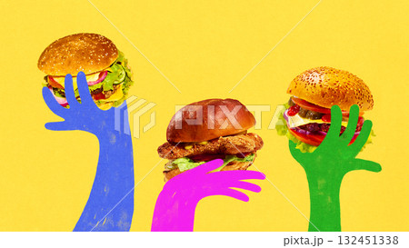 Hand-drawn digital collage. Vibrant colorful hands holding juicy burgers on bright yellow background Hand-drawn digital collage. Vibrant colorful hands holding juicy burgers on bright yellow background 132451338