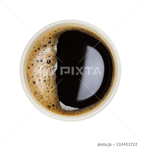 Top view of coffee with bubble in disposable paper cup isolated on white background 132451722