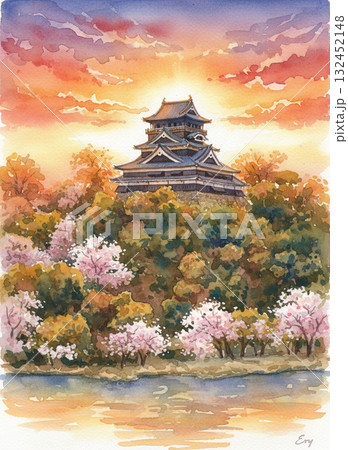 水彩画で描かれた、日本のお城（天守閣）と桜、紅葉のような木々が描かれている風景　夕暮れの美しい日本の 132452148