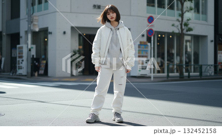 都会の街角でポーズをとるストリート系ファッションの女性 都会の街角でポーズをとるストリート系ファッションの女性 132452158