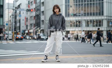 都会の街角でポーズをとるストリート系ファッションの女性 132452166