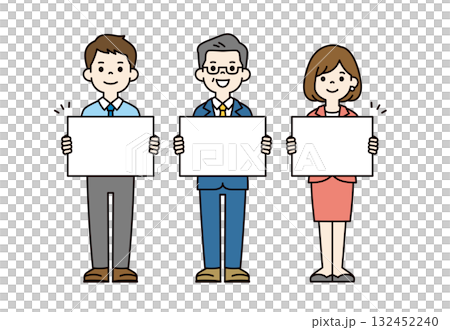 フリップを持って紹介する、様々な年代のビジネスマンの全身ベクターイラスト素材セット＿カラー 132452240