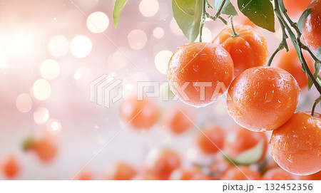 Fresh Orange Fruit Hanging on Tree Branch with Sparkling Background and Dew Drops Fresh Orange Fruit Hanging on Tree Branch with Sparkling Background and Dew Drops 132452356