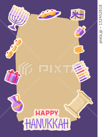 Happy Hanukkah card design with stickers. Illustration with holiday objects. 132452618